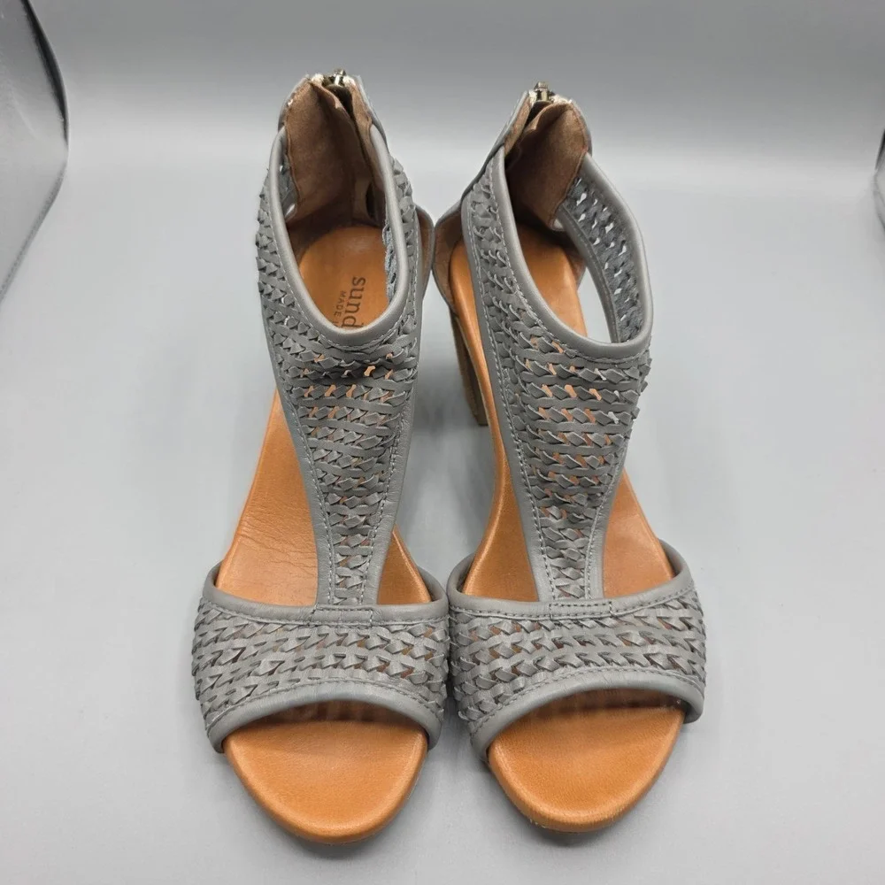 Sundance Heels Sandals Womens 38‎ Gray Leather Woven Gladiator Zipper Boho